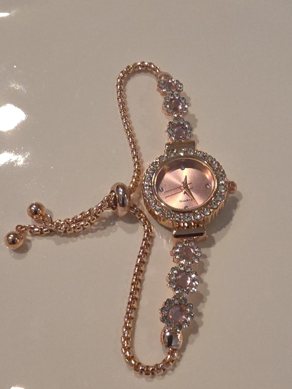 New! Gold Pink Crystal Women's Bracelet Watch - Quartz • (1035) NWOT
